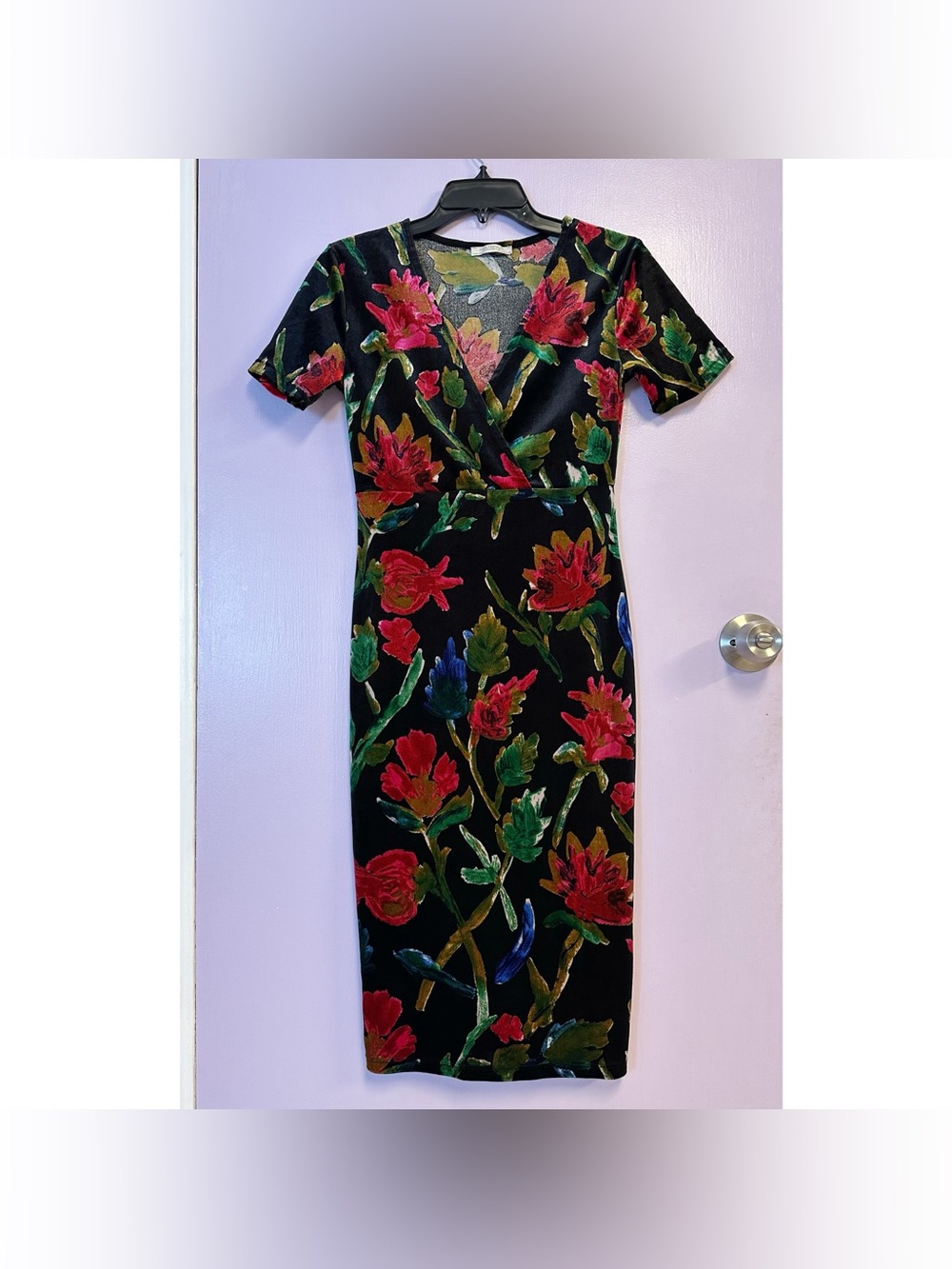 Zara Floral Print Velvet Bodycon Midi Dress Size M